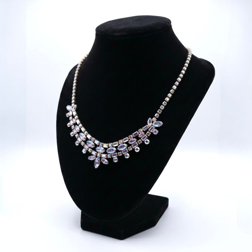 Vintage Sherman Lavender AB Rhinestone Bib Necklace Marquise Baguette Adjustable